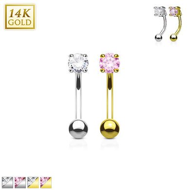 14k Solid Yellow/White gold round  Prong set CZ curved bar for Eyebrow, rook and more