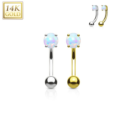 14K Solid Yellow/White gold Prong set Opal stone Curved barbell for Eyebrow, Daith and more (3MM ball)