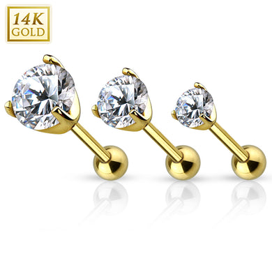 14k Solid yellow/white gold CZ top prong set barbell for Ear Cartlilage, tragus and more (Ball size 3mm)