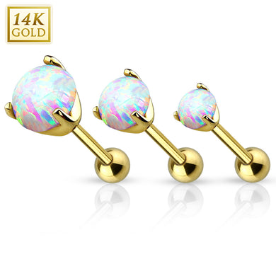 14K Solid Yellow/White gold Prong set Opal stone Tragus barbell (3MM ball)