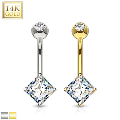 14K Solid Yellow/White gold square princess cut CZ Belly ring (5MM Top ball)