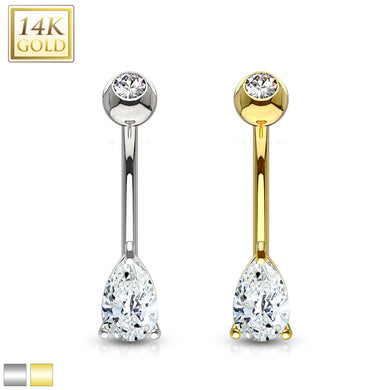 14K Solid Yellow/White gold Tear drop CZ Prong set Belly ring