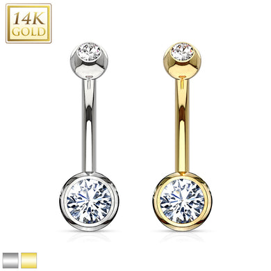 14K Solid Yellow/White gold basic double gemmed belly ring