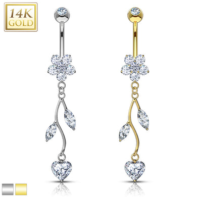 14K Solid Yellow/White gold Vine CZ Dangle Belly ring