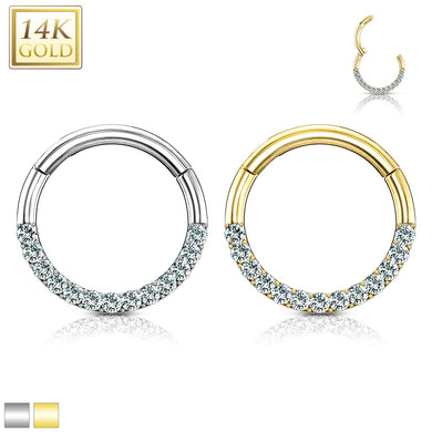 14K Solid Yellow/White gold CZ Paved half circle Clicker for Nose Septum, Daith and more