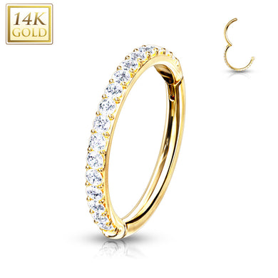 14K Solid Yellow/White gold Side CZ Paved half circle Clicker for Cartilage, Tragus, Daith and more