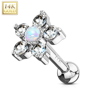 5 CZ Petals with Opal Center Flower Top 14K Gold Cartilage/Tragus Barbell