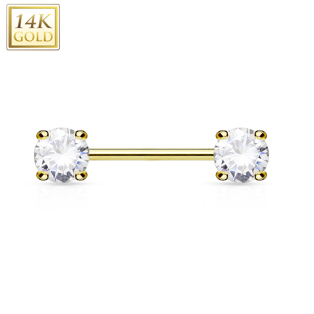 Double Prong Set AAA CZ 14K Gold Nipple Bar (price for one)